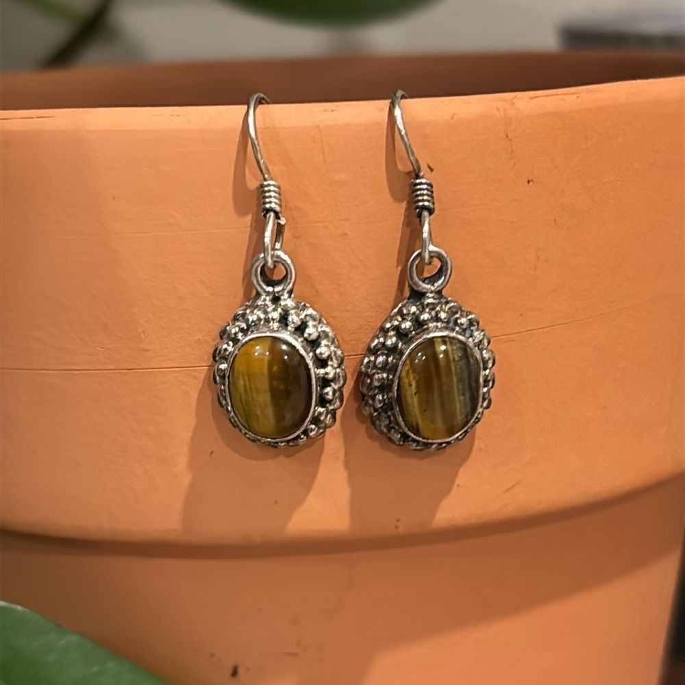Tiger’s Eye 925 Sterling Silver Scroll dangle Gemstone Earrings Petite​​